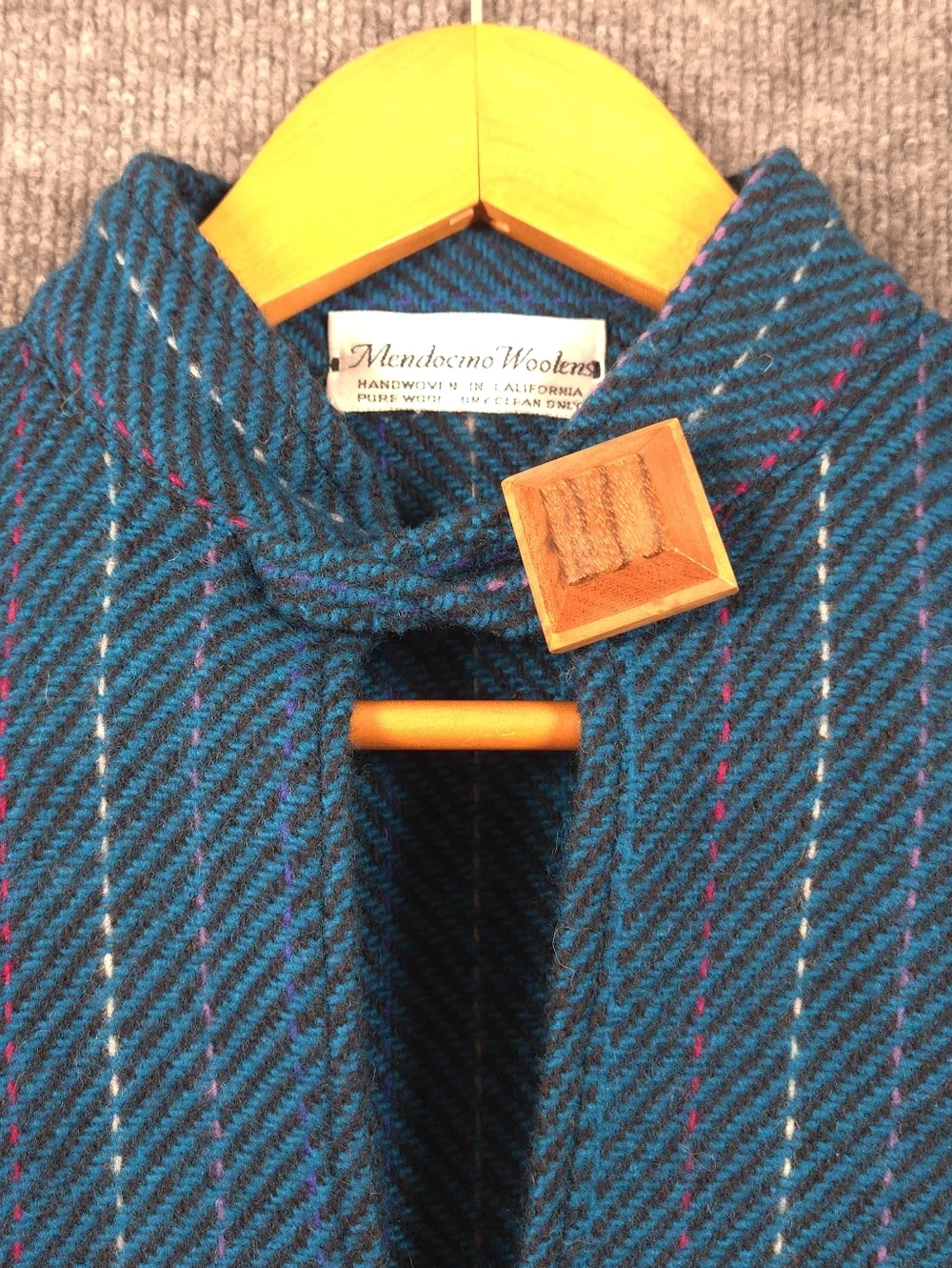 Mendocino Woolens Handwoven Pure Wool Poncho Top Blue Striped Artisan Made OS‎